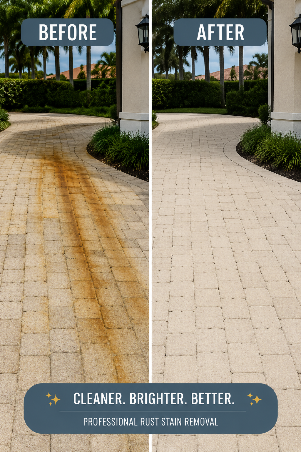 Side-by-side comparison of a brick walkway, showing rust stain removal. The left side labeled 'Before' has rust stains, and the right side labeled 'After' is clean and bright. There is a landscaped area with green plants and palm trees in the background.
