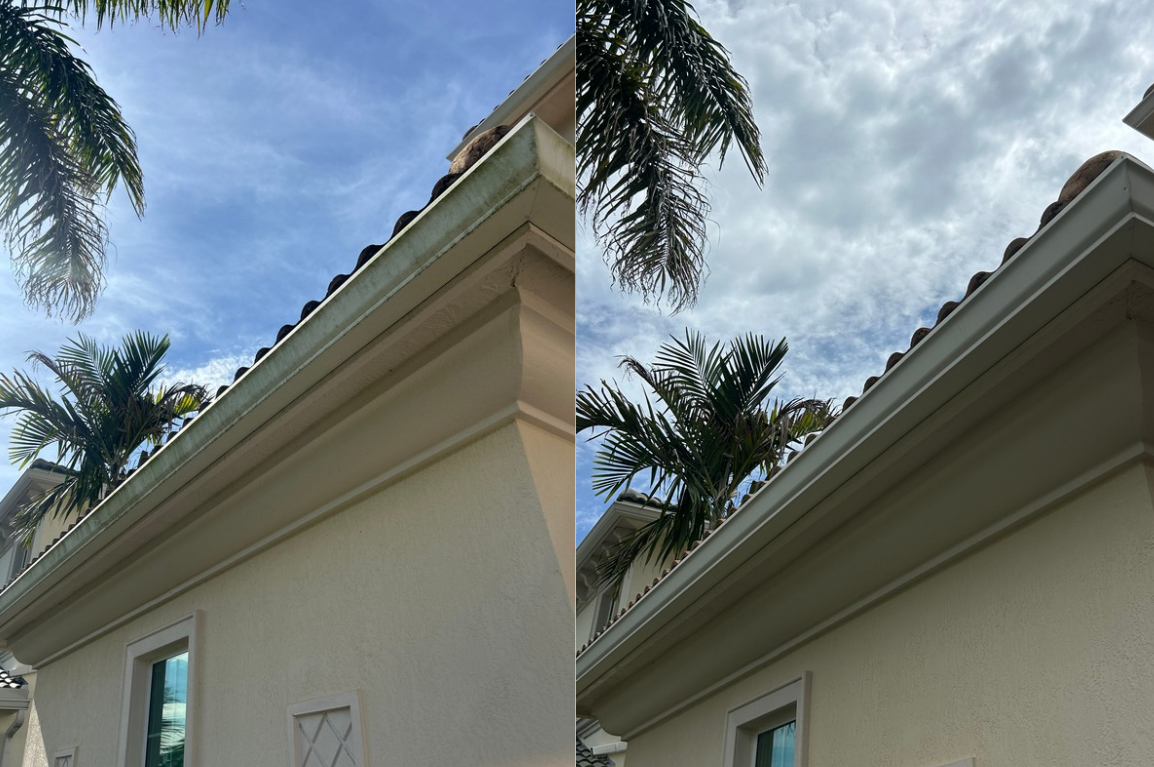 Comparison of the corner of a house with a tiled roof and palm trees against a partly cloudy sky, shown in two slightly different images.