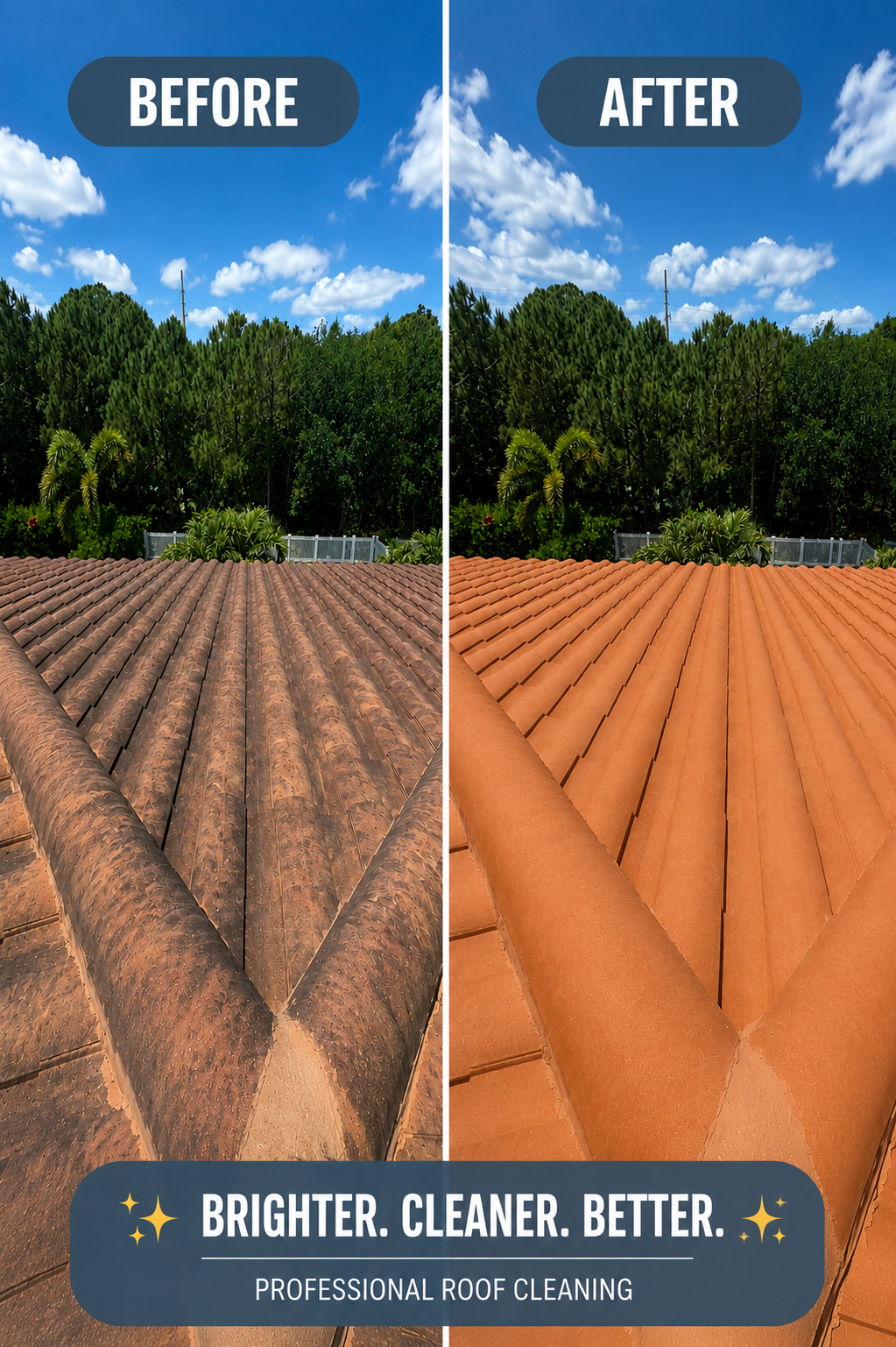 Side-by-side comparison of a roof before and after professional cleaning, showing cleaner, brighter terracotta tiles with text overlay 'Before' on the left and 'After' on the right, with additional text 'Brighter. Cleaner. Better.' and 'Professional Roof Cleaning' at the bottom.