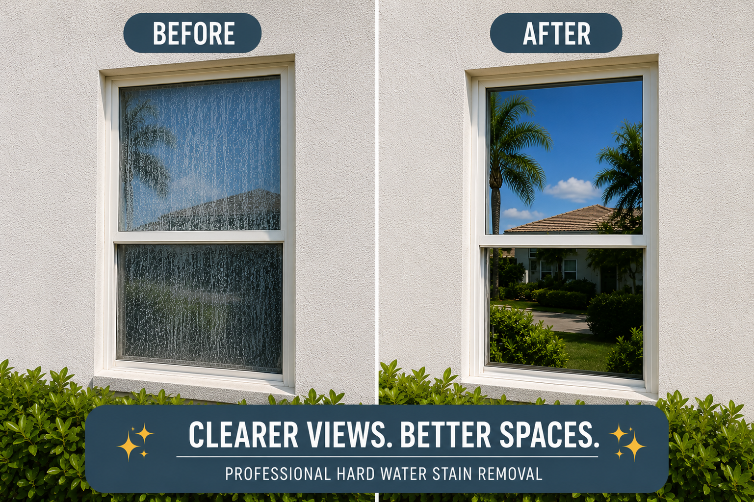 Side-by-side comparison of a window before and after professional hard water stain removal. The 'before' window is covered with water spots and soap residue, while the 'after' window is clear, showing a view of palm trees, a house roof, and a blue sky with clouds.
