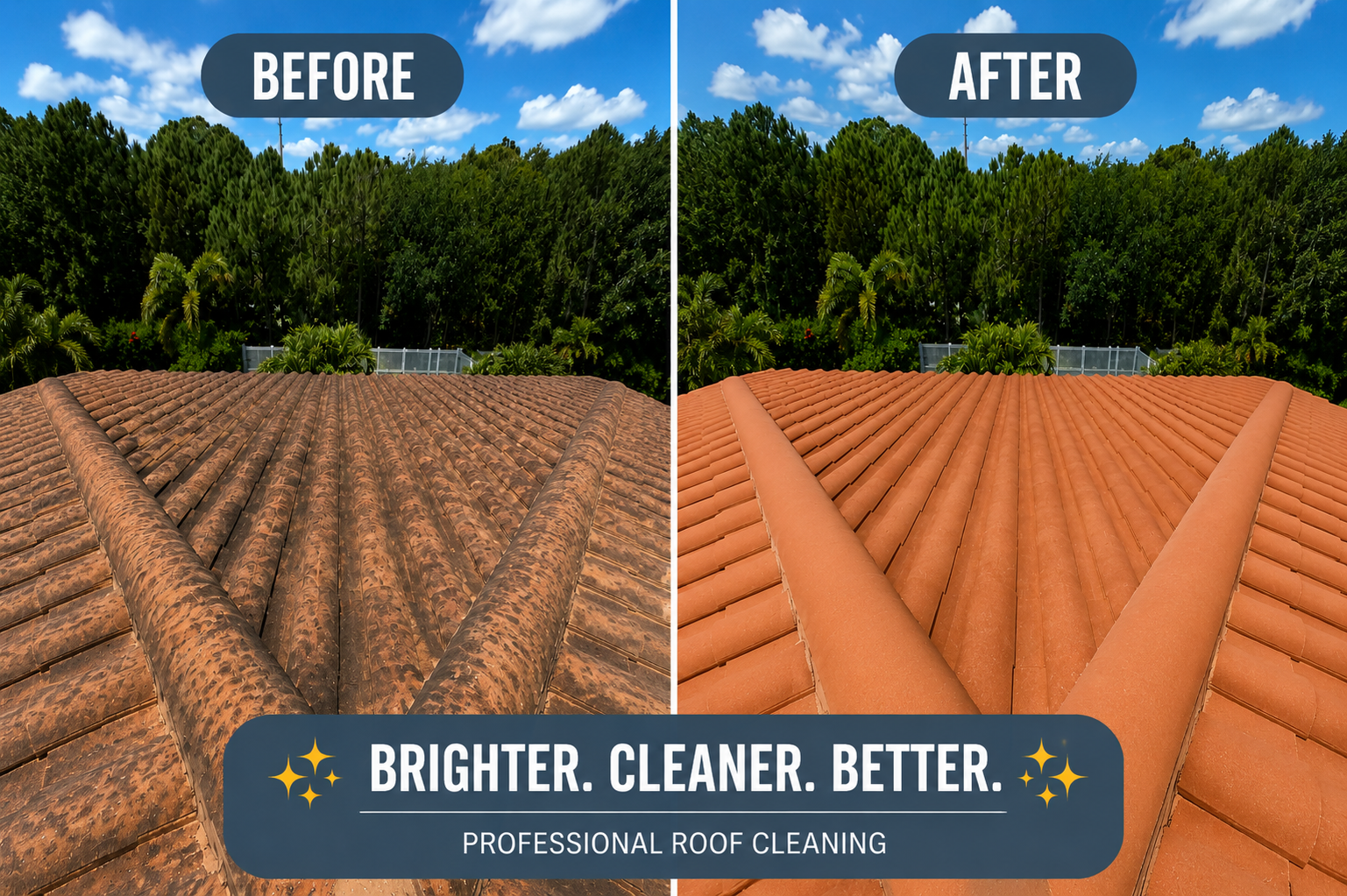 Side-by-side comparison of a roof before and after cleaning: left side shows a dirty, stained roof, right side shows a clean, bright roof with a professional roof cleaning advertisement overlay.