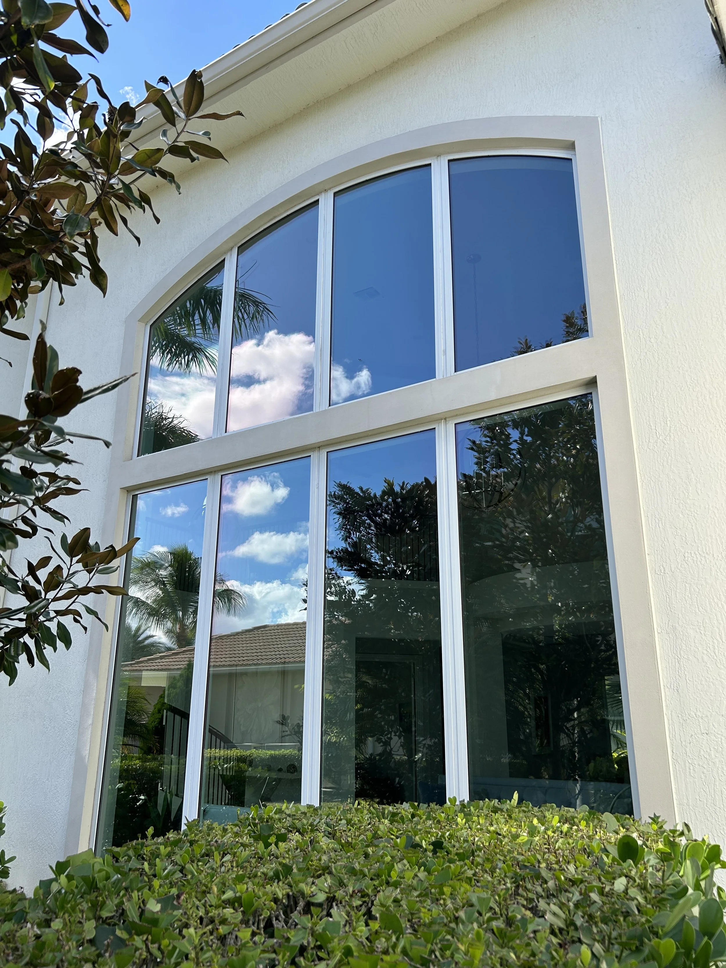 A modern house with large arched windows reflecting a partly cloudy blue sky with clouds and palm trees, surrounded by green bushes and a tree with dark green leaves.