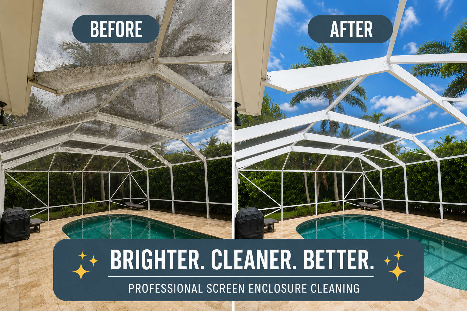 Side-by-side comparison of a screened-in pool area before and after professional enclosure cleaning. The 'before' image shows a dirty, stained screen enclosure, while the 'after' image displays a clean, bright white enclosure with a clear blue sky in the background.
