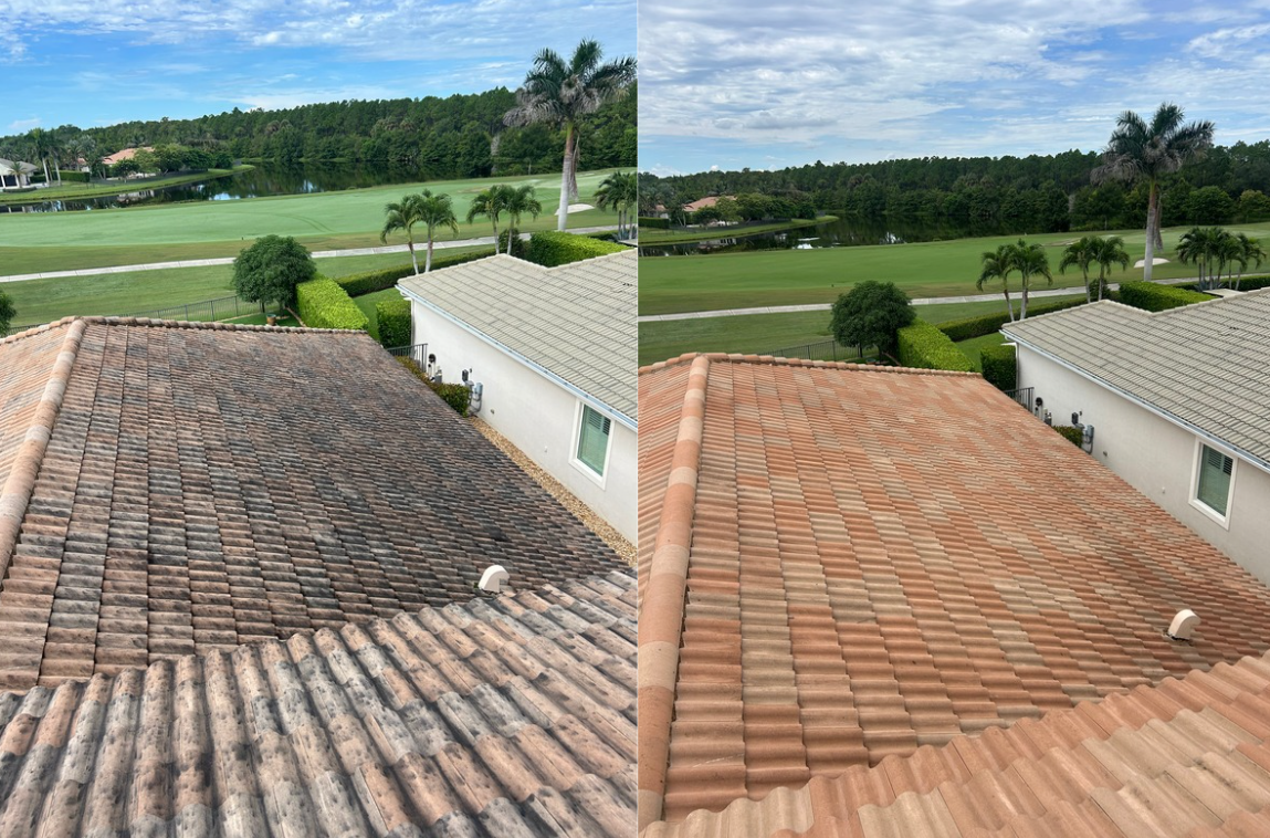 Comparison of two rooftops, one old and weathered on the left, and one new with fresh tiles on the right, with a background of green trees and a golf course under a partly cloudy sky.