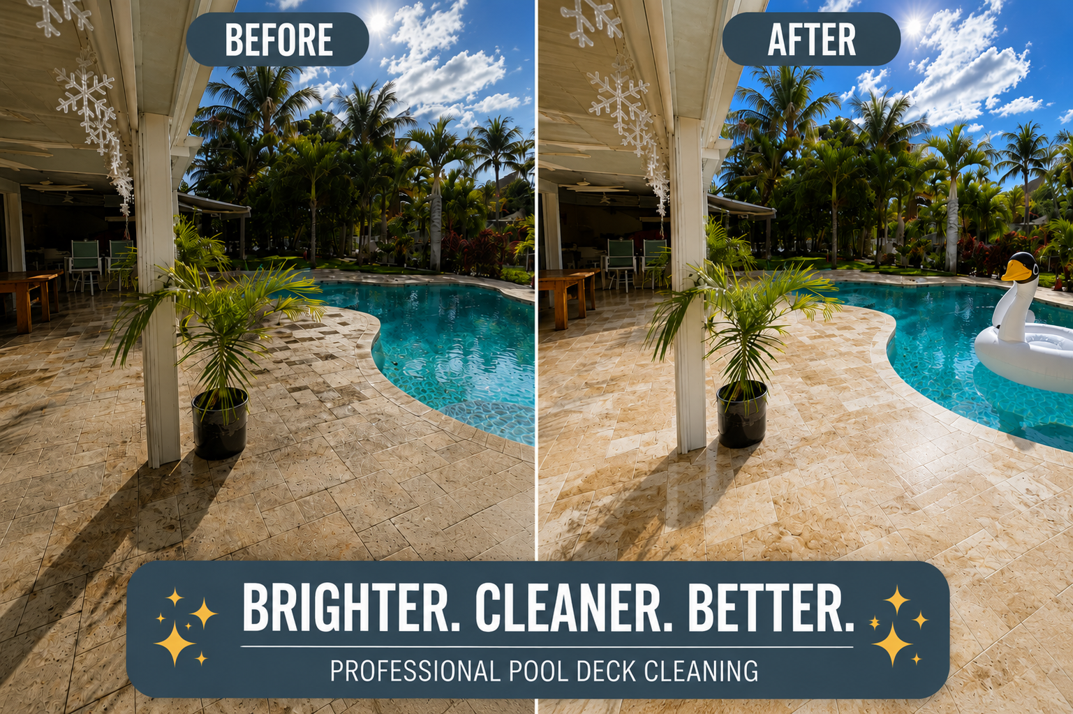 Side-by-side comparison of a pool deck before and after professional cleaning. The 'before' side is darker and dirtier, while the 'after' side is brighter and cleaner with a potted plant and a floating swan pool toy.