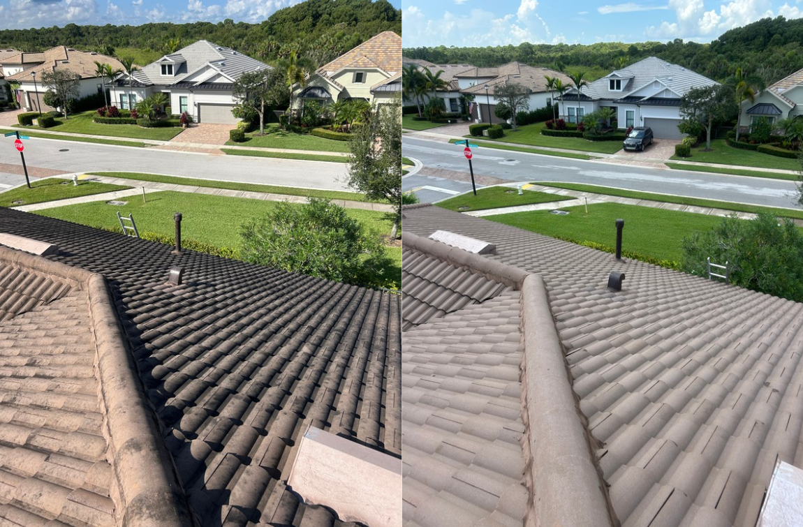 Side-by-side comparison of two house roofs, one before and one after repairs, showing new shingles and roof maintenance.