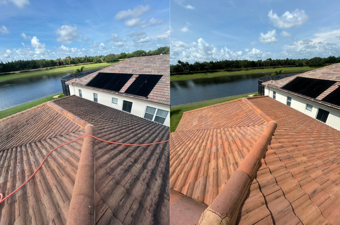 Comparison of rooftops showing removal of old black solar panels and replacement with new terracotta tiles, with a lake and green landscape in the background.