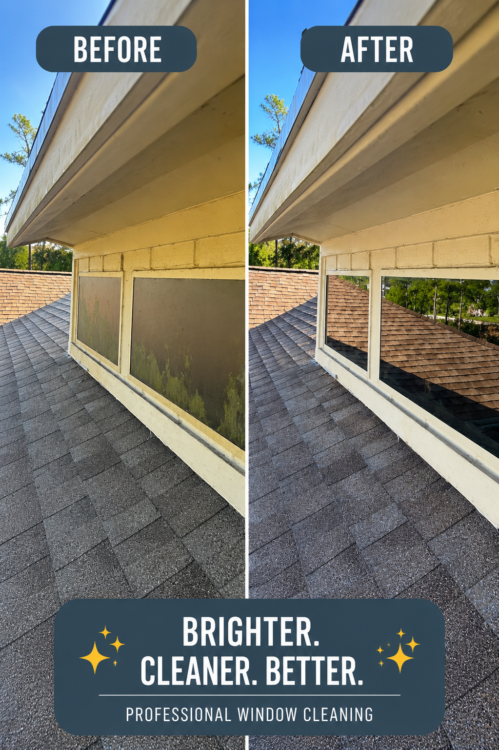 Side-by-side comparison of a window before and after professional cleaning. The left shows a window with dirt and grime, and the right shows a much cleaner window. Text overlay: 'BEFORE' on the left, 'AFTER' on the right, with a caption at the bottom that reads 'Brighter. Cleaner. Better. Professional Window Cleaning.'
