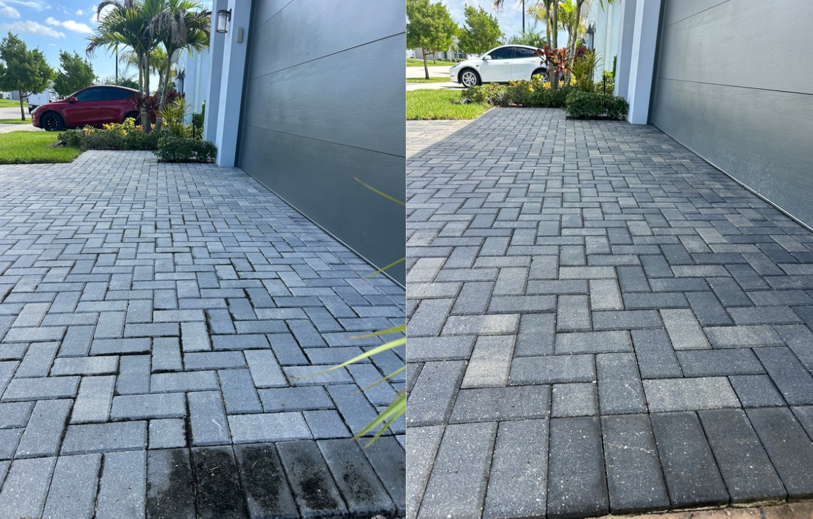 Comparison of two driveways made of interlocking gray pavers, with a garage wall on the right and a grass area with plants and trees in the background.
