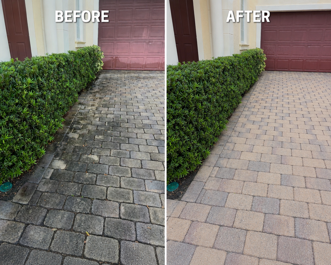 Side-by-side comparison of a driveway before and after cleaning. The 'before' side shows a driveway with dark, stained, and dirty paving stones. The 'after' side shows the same driveway cleaned, with brighter, uniformly colored paving stones, and the