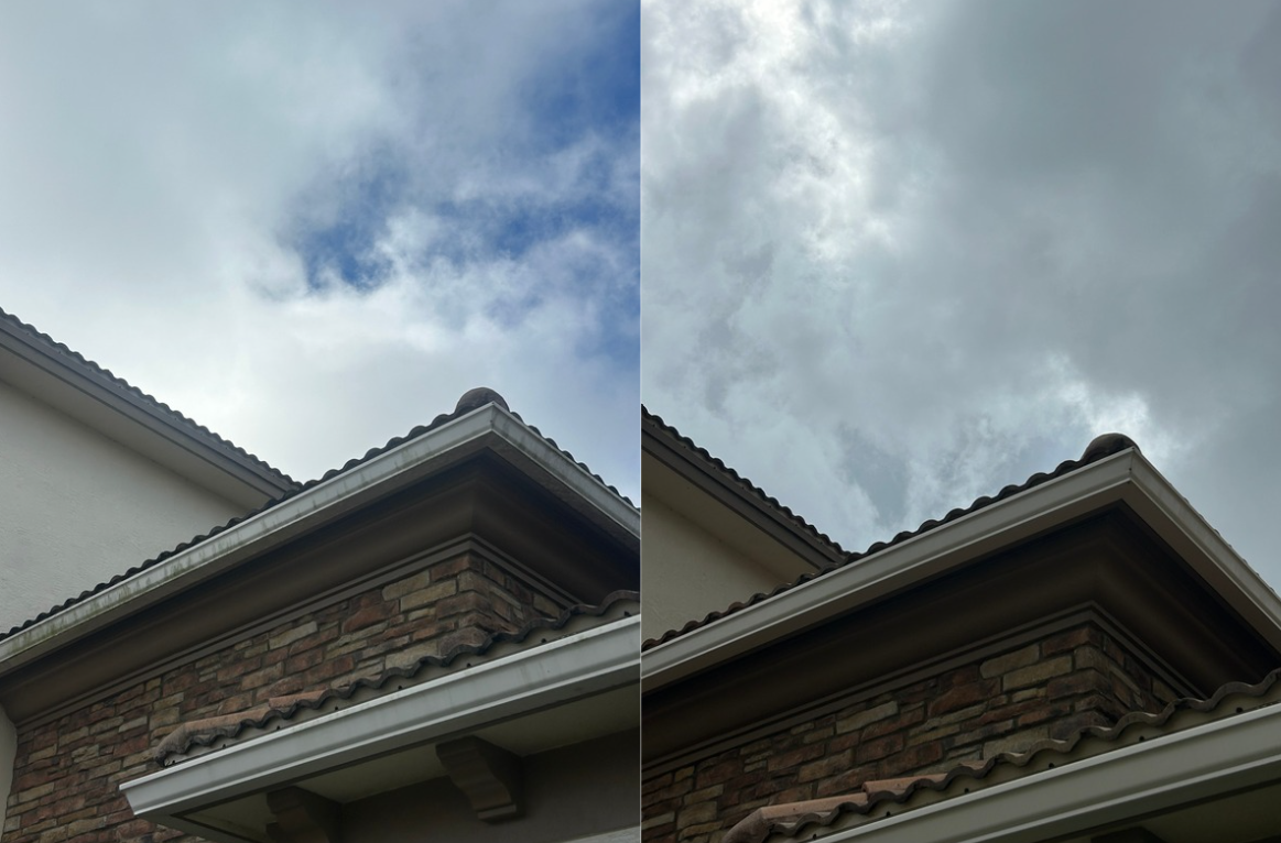 Split image showing the roofline of a house with brick and siding exterior, and a cloudy sky above, with the left side showing a brighter sky and the right side showing overcast clouds.
