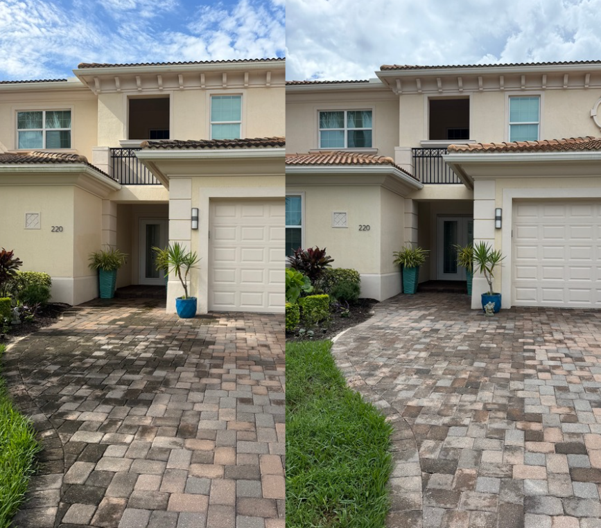 Side-by-side comparison of a house's driveway, showing the difference between a dirty and a cleaned surface. The driveway features paving stones, with a porch and potted plants near the entrance.