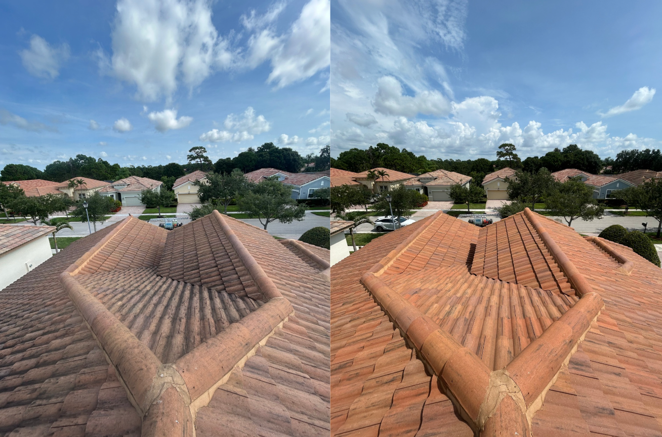 Comparison of two rooftop images showing red clay tiles, with clear blue skies and some clouds in the background. The left image appears darker and more weathered, while the right image looks brighter and newer.