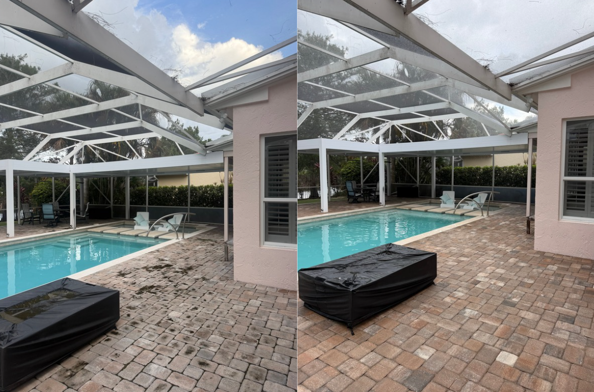 Comparison of a screened-in backyard pool area before and after cleaning. The left side shows dirt and stains on the brick patio and pool cover, while the right side shows the area clean and bright with a neatly covered pool on the patio.