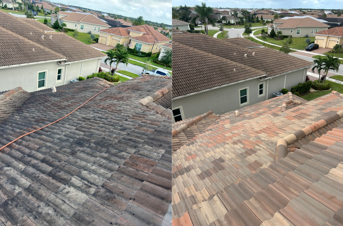 Comparison of two roofs in a suburban neighborhood. The left side shows a weathered, dark-stained tile roof, while the right side shows a newer, cleaner tile roof with lighter, fresh color. In the background, there are houses, trees, and a street.