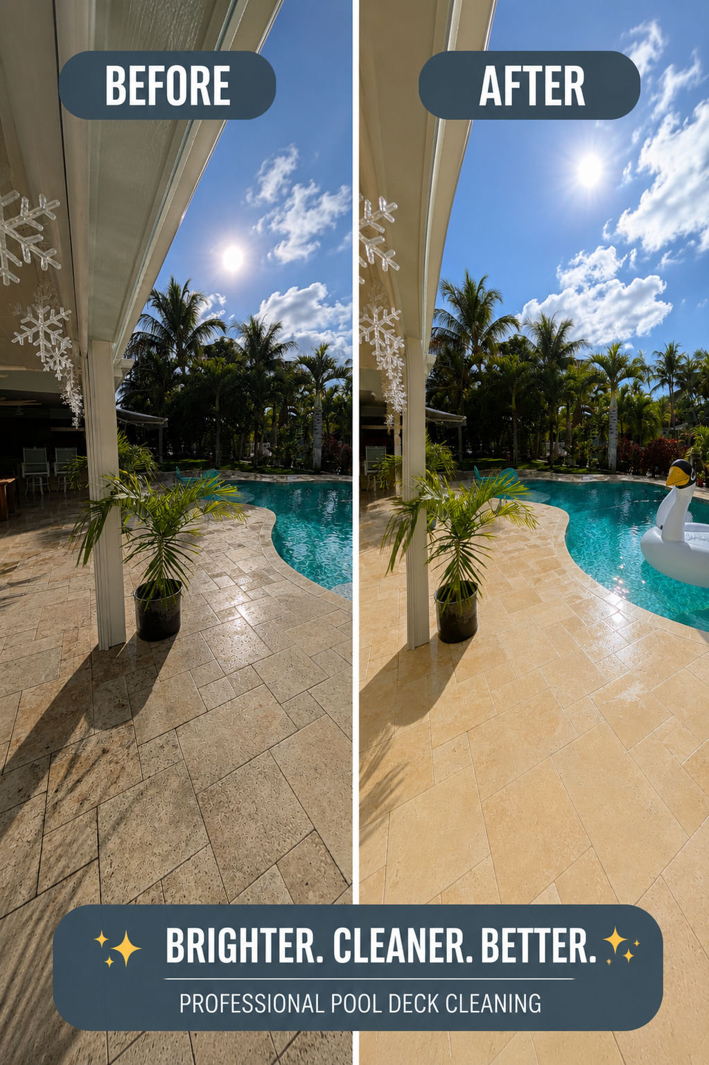 Side-by-side comparison of a pool deck before and after cleaning. The 'Before' side shows a dark, stained surface, while the 'After' side shows a bright, clean, tan-colored surface. The area includes a pool, potted plants, and a decorative swan pool float, with a clear sky and palm trees in the background.