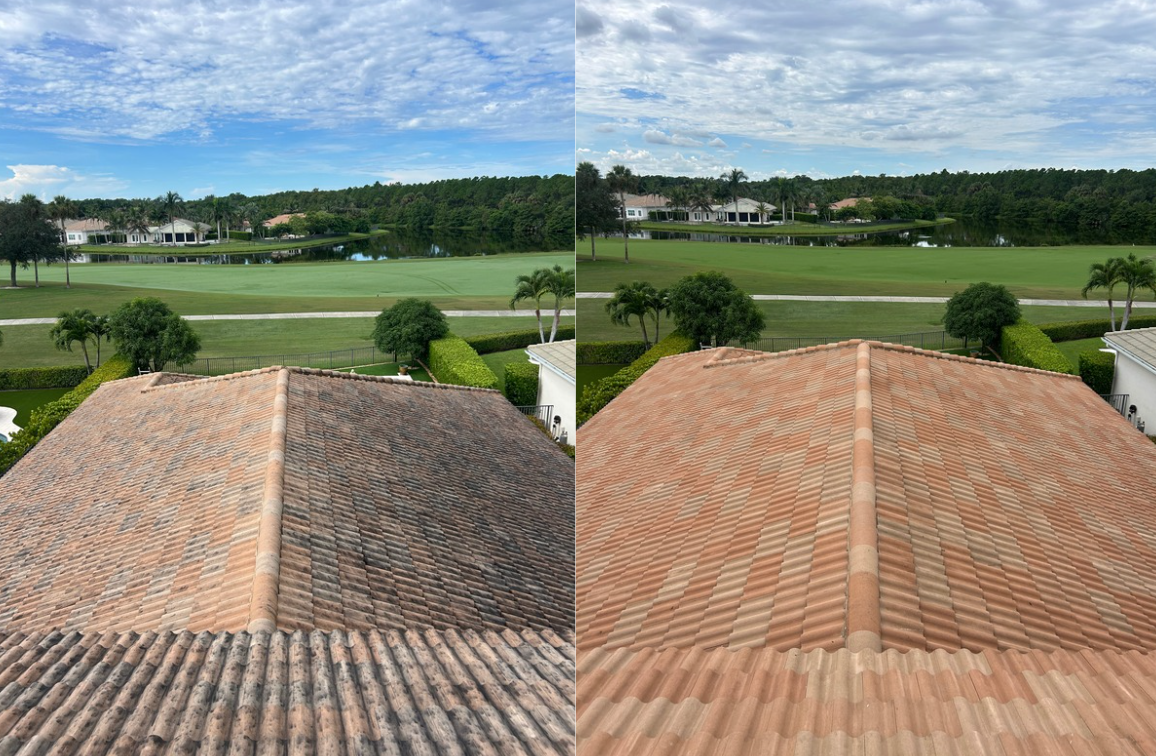Comparison of two rooftop tiles, one weathered and the other new, with a golf course and houses in the background under a partly cloudy sky.