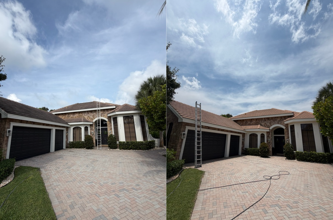 Side-by-side comparison of a house exterior, showing a before and after of roof cleaning. Left side with darker, dirty roof; right side with clean, brighter roof.