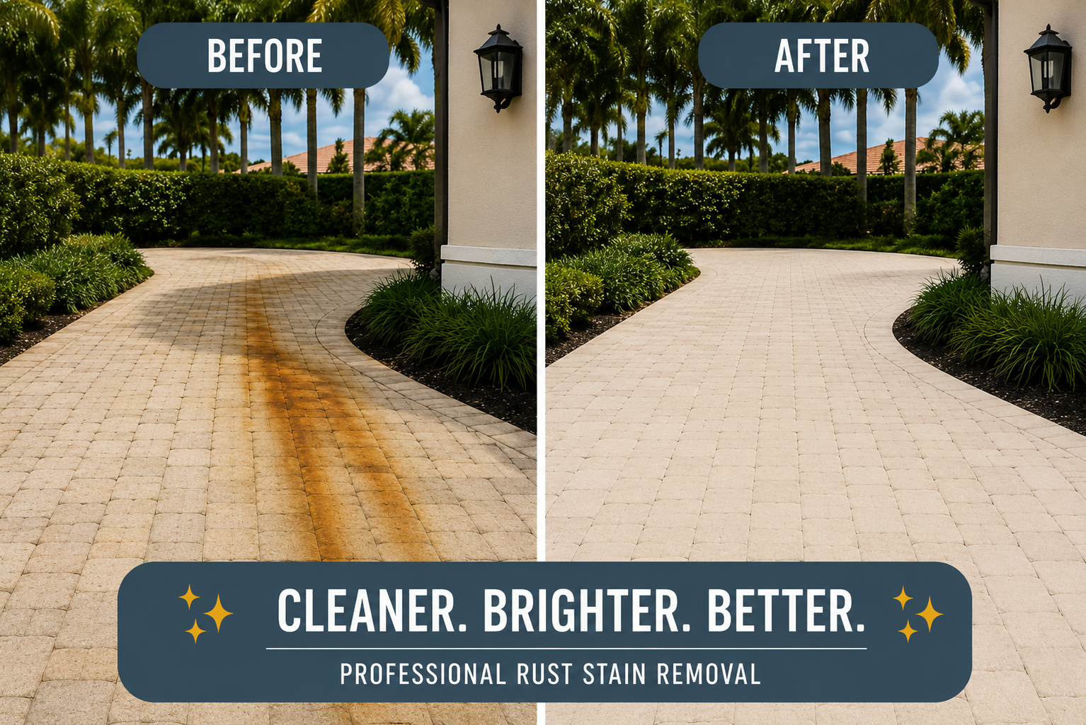 Side-by-side before and after images of a paved walkway showing rust stain removal. The left side shows a walkway stained with rust, while the right side shows the same walkway cleaned and brightened, with a clear distinction between the two. Text overlays indicate 'BEFORE' on the left and 'AFTER' on the right. A banner at the bottom reads, 'CLEANER. BRIGHTER. BETTER.', with smaller text below stating 'PROFESSIONAL RUST STAIN REMOVAL.'