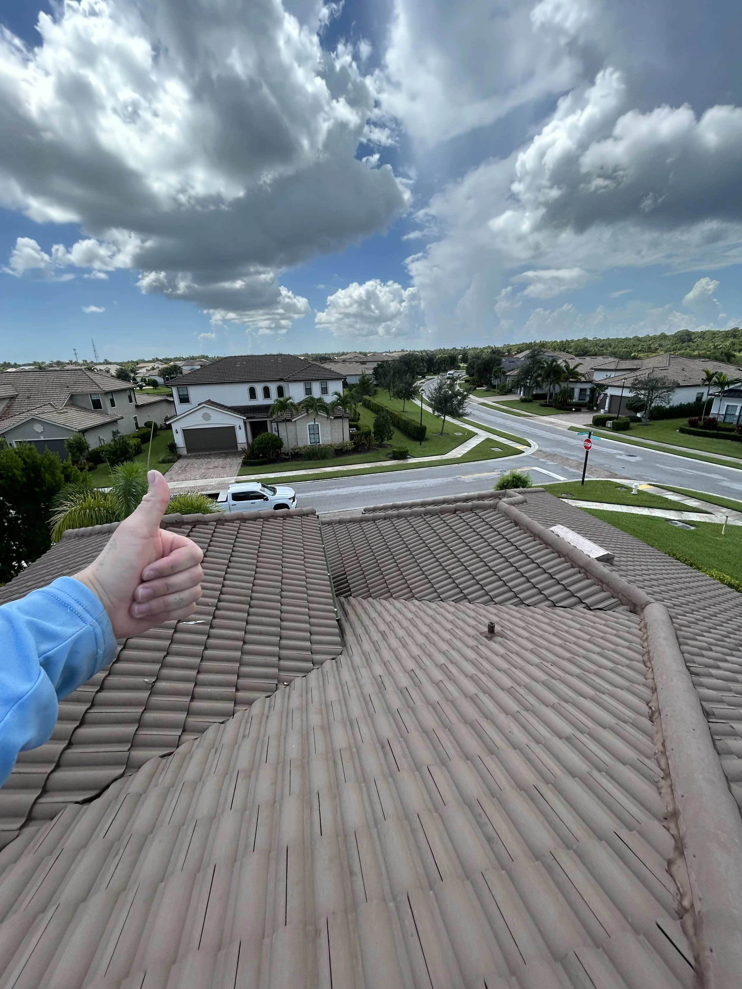 View of a suburban neighborhood from a rooftop, showing a hand giving a thumbs-up in the foreground, with a cloudy sky overhead.