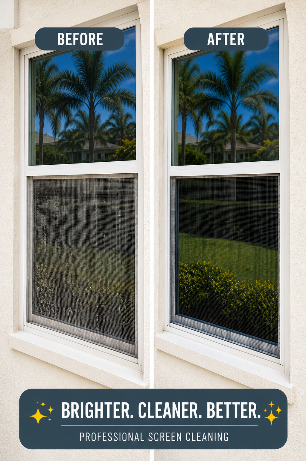 Side-by-side comparison of a window before and after professional screen cleaning, showing clearer and brighter glass in the after image with a cleaner screen and improved outdoor view.