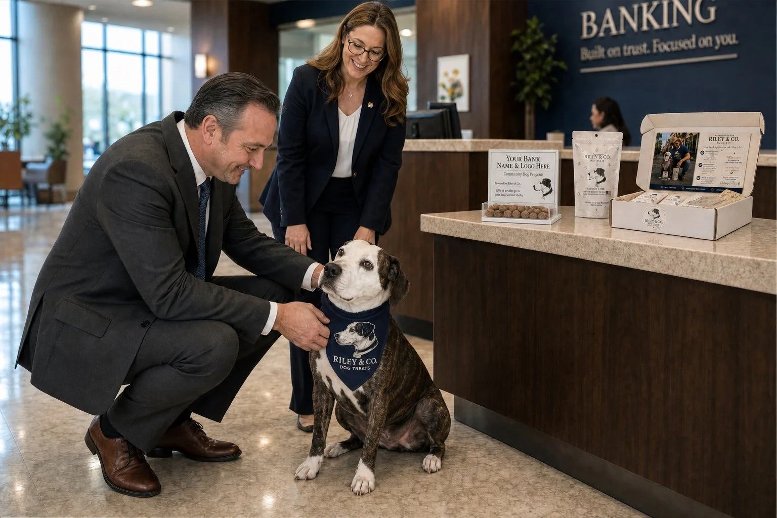 A man in a suit kneels down and pets a large brindle dog with a blue bandana that says 'Riley & Co. Dog Treats' at a bank reception area. A woman in a navy blazer stands nearby smiling. The bank interior features a plaque reading 'Banking Built on trust. Focused on you.' and a display with dog treats on the counter.
