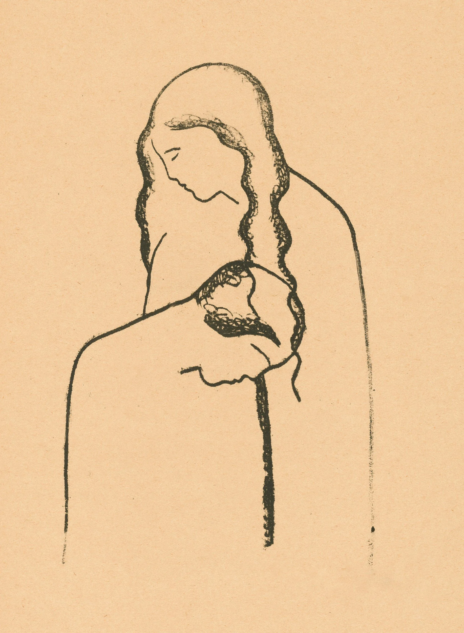 Line drawing of a woman with long hair, looking down at her chest with closed eyes.