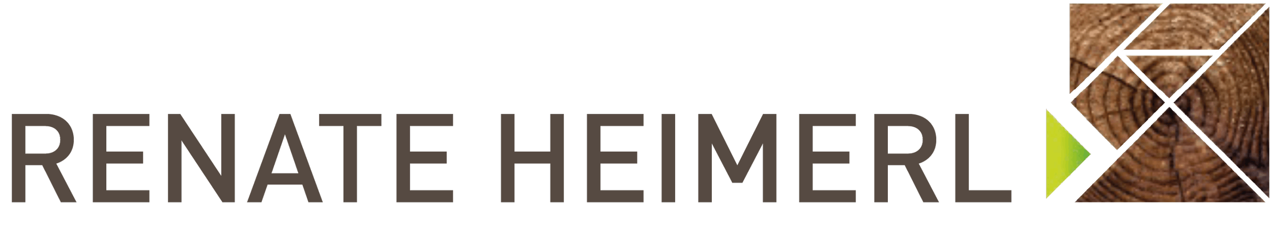 Logo von Renate Heimerl: Text "Renate Heimerl" und rechts daneben symbolisiert das Brettspiel "Tangram", wobei eines der Dreiecke grün ist, während der Rest braun.