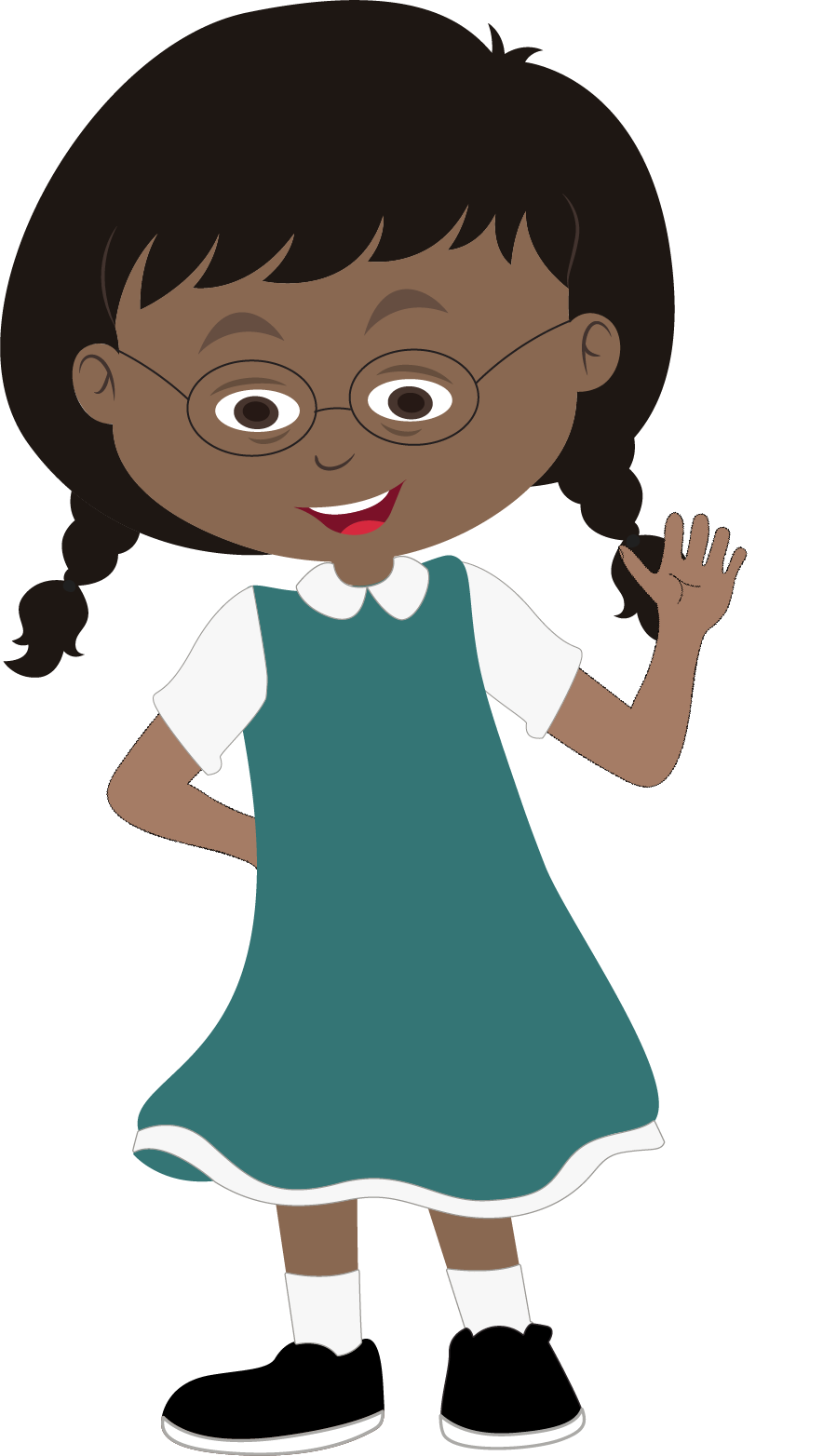 Black girl down syndrome waving (looking straight).png