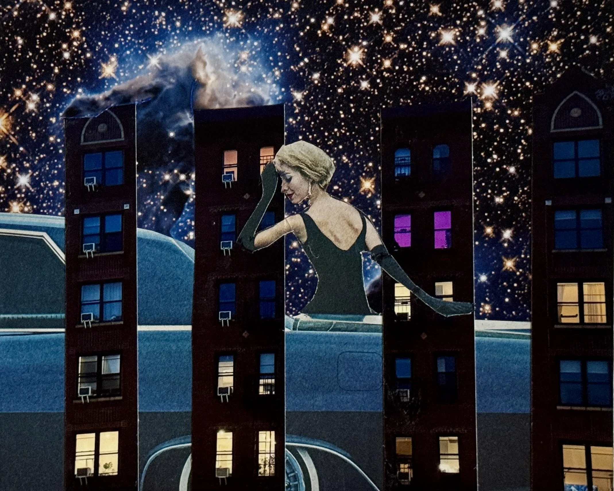 "Stopping by" built off of a mid-century car ad, a photo I took of a building in NYC and an image from space