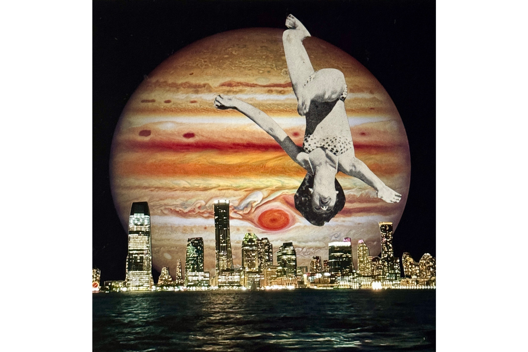 "Over the moon?" built from a photo I took of NYC in Battery Park, a mid-century beach photo and an image from space