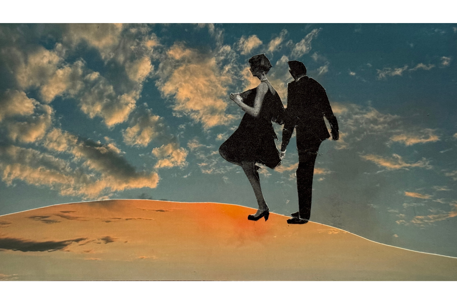 "Dancing away," built from a photo I deconstructed and then used both pieces, one upside down, along with a couple from a mid-century ad