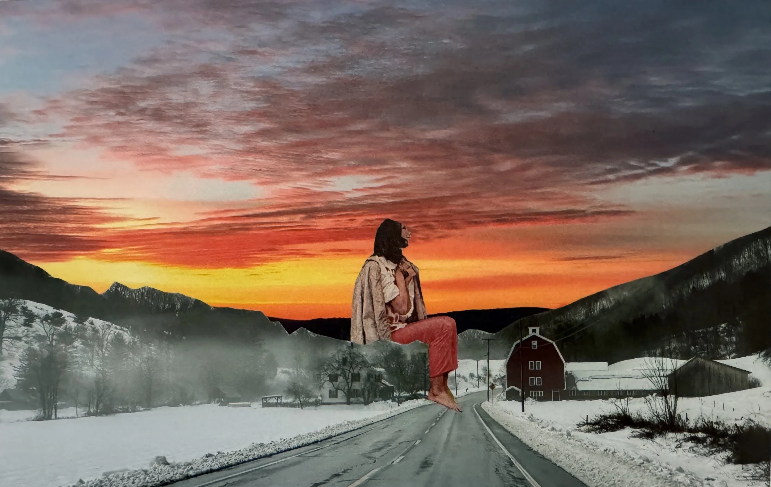 "Between worlds," built off of two photo I took, one of Route 12 in Vermont, one of Lake Sunapee in New Hampshire, and a mid-century ad