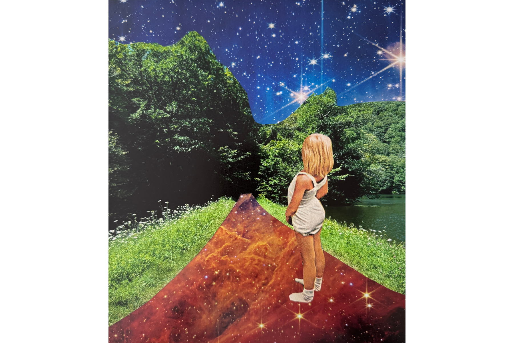 "Taking the leap," built from a photo I took at the Marsh Billings park in Vermont, a mid-century ad for a washing machine, and an image from space