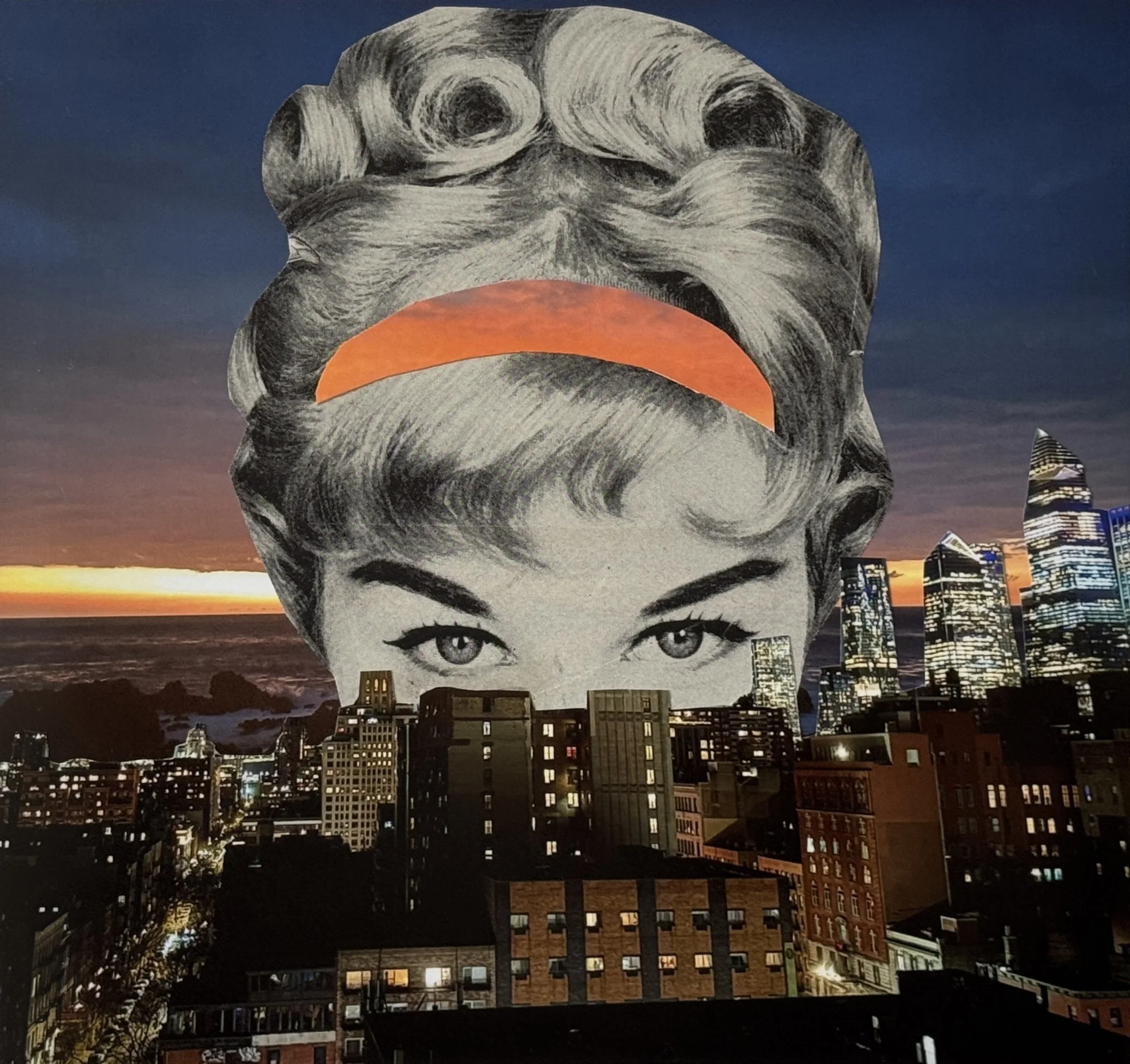 "Female energy rising," built from a mid-century as for curlers and my photos from an NYC rooftop and of the Bar Harbor, Maine skyline.