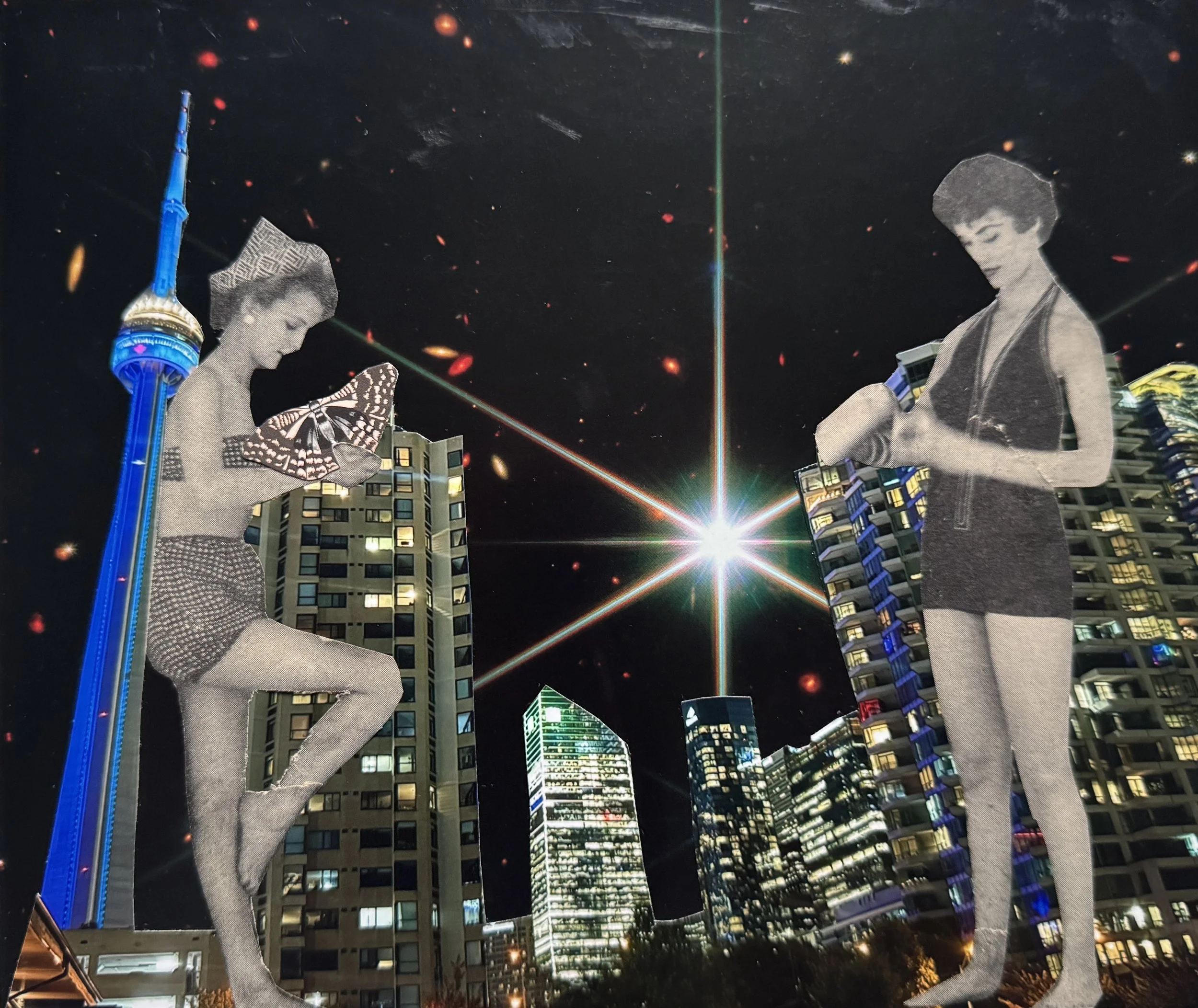 "Taking the night off" built from a photo I took of Toronto, an image from space, and a beach story from a mid-century LIFE magazine