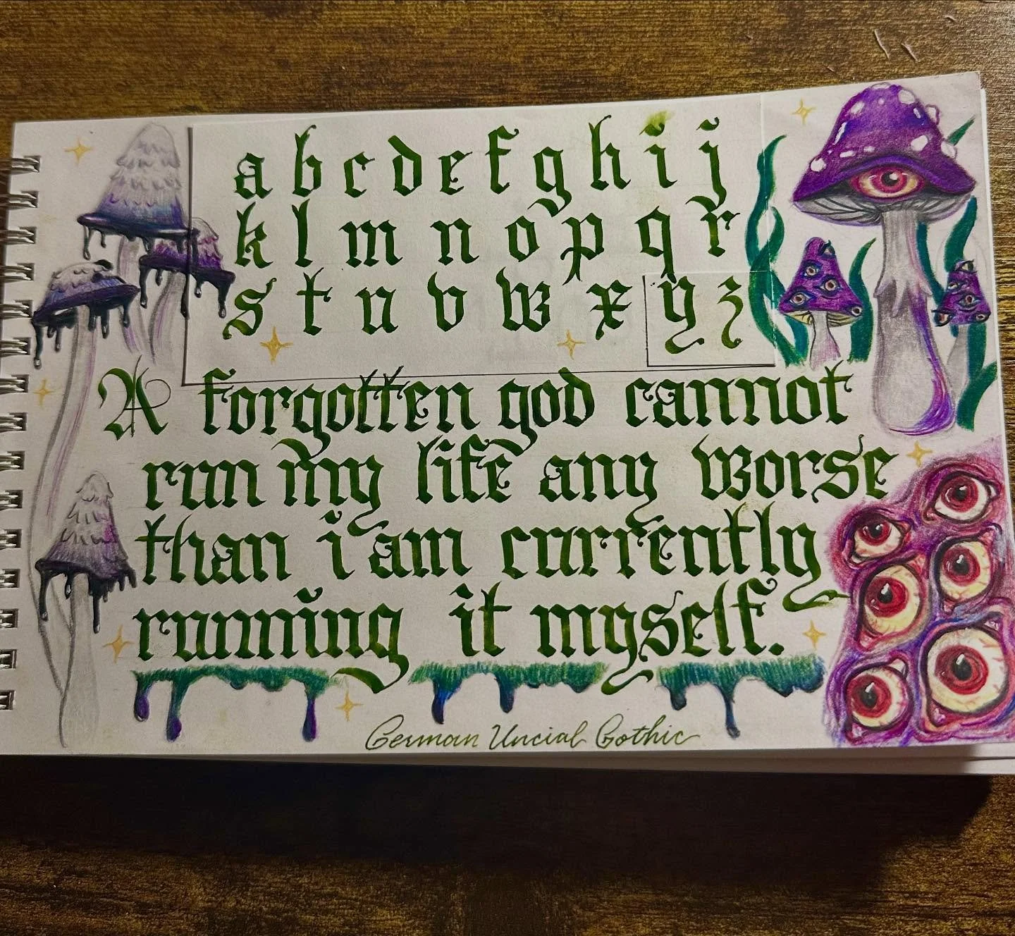 the second calligraphy practice page with all the little doodles i can&rsquo;t explain it but this is a very fun process &amp; I loooove gothic hand &lt;3