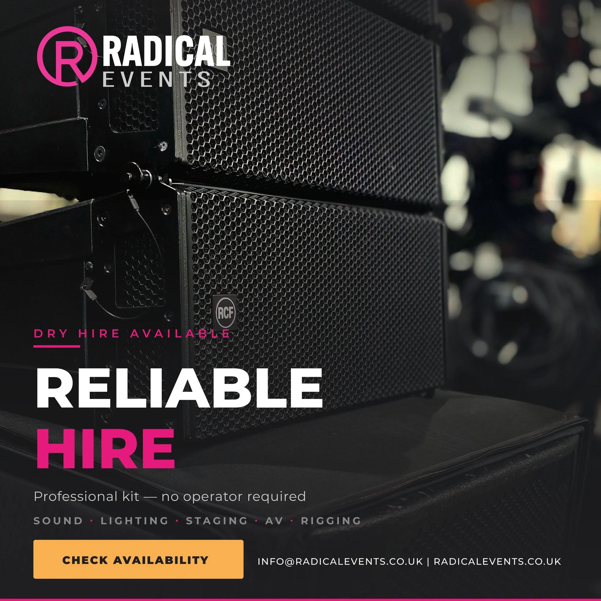 Professional kit. Your crew.

PA systems &middot; Lighting equipment &middot; AV gear &mdash; dry hire from Radical Events.

All equipment maintained and PAT tested. Collection from Poulton-le-Fylde or delivery across Lancashire and the North West.

