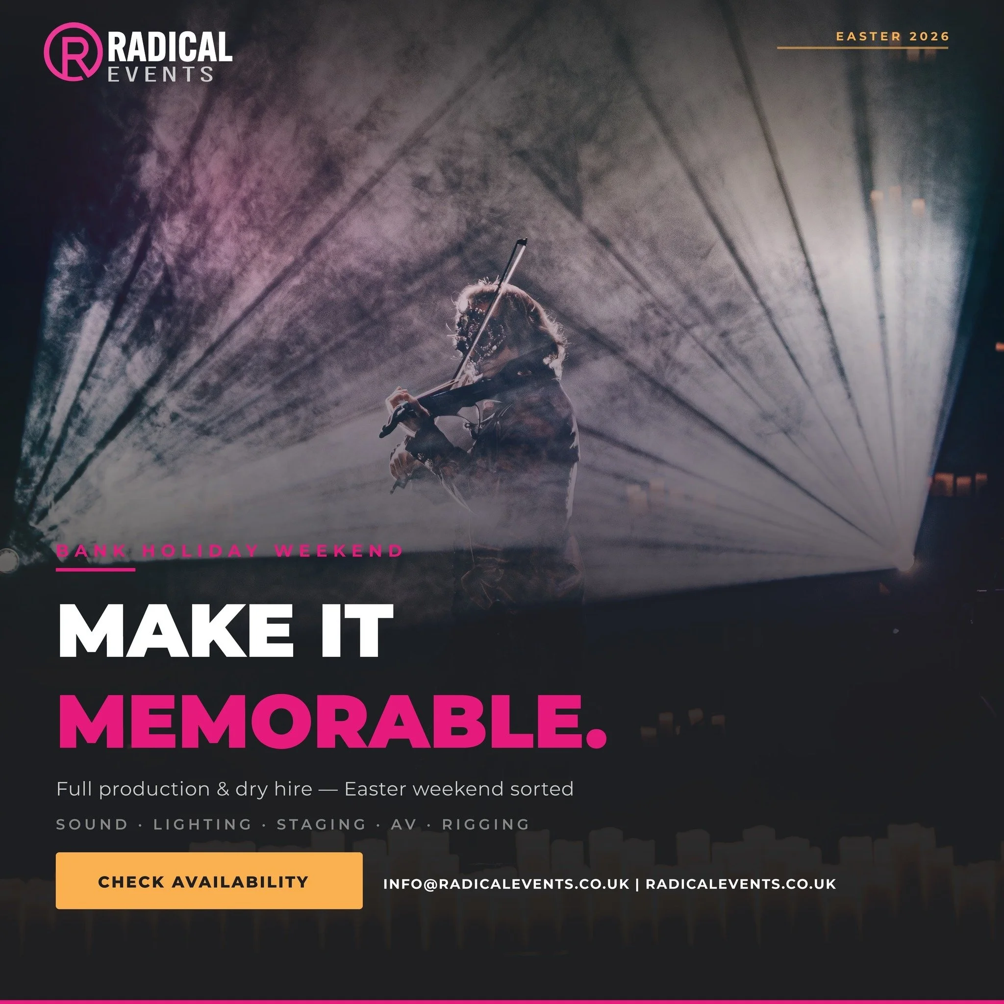 Easter weekend is one of the busiest in the live events calendar.

Gigs. Outdoor stages. Pub nights. Festivals. Corporate functions. Whatever's on - it needs production you can rely on.

We've got you covered.

🎛 Dry hire - professional audio, light