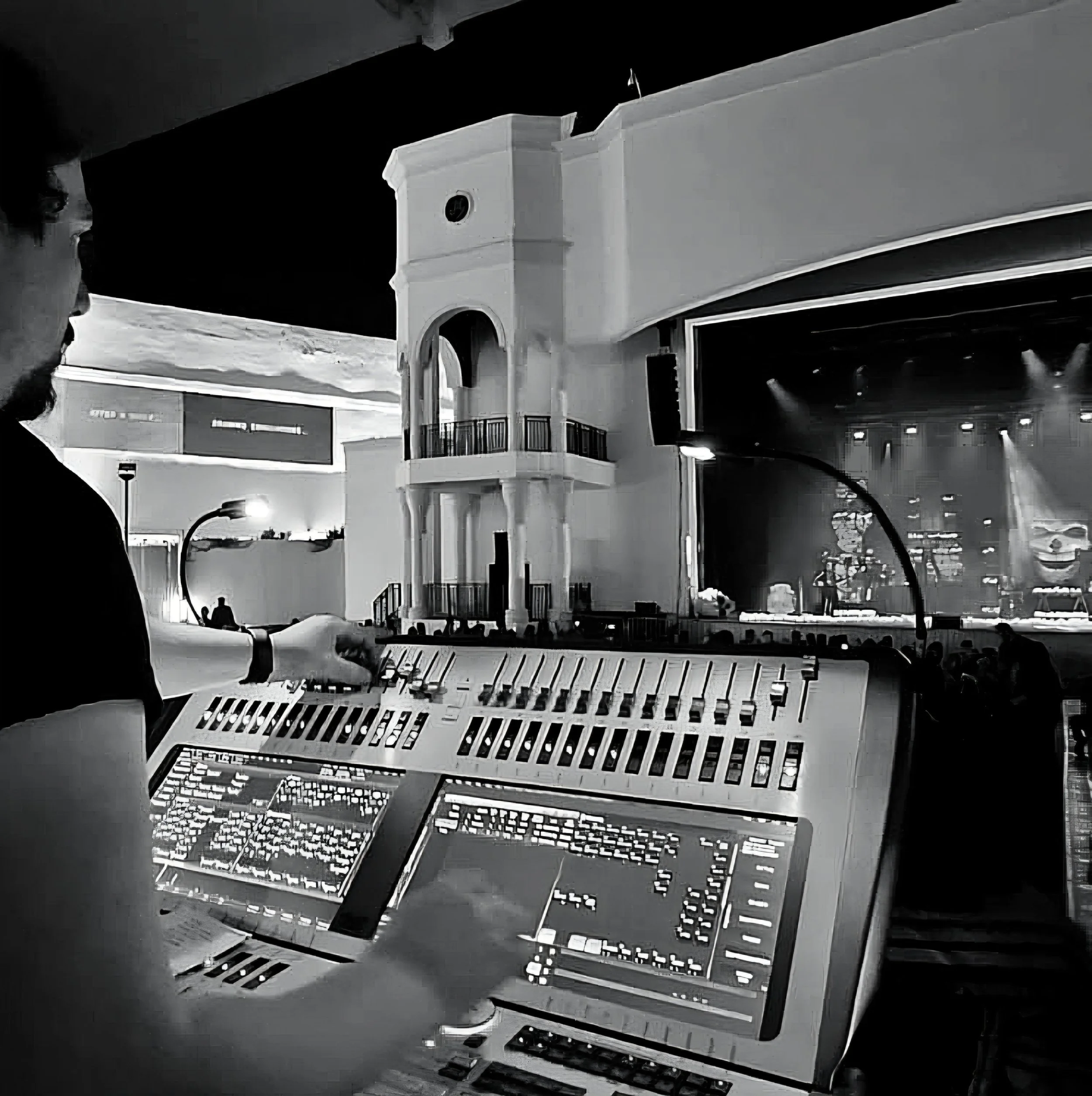 Stage Set with an avolites sapphire touch and a lighting operator behind the console