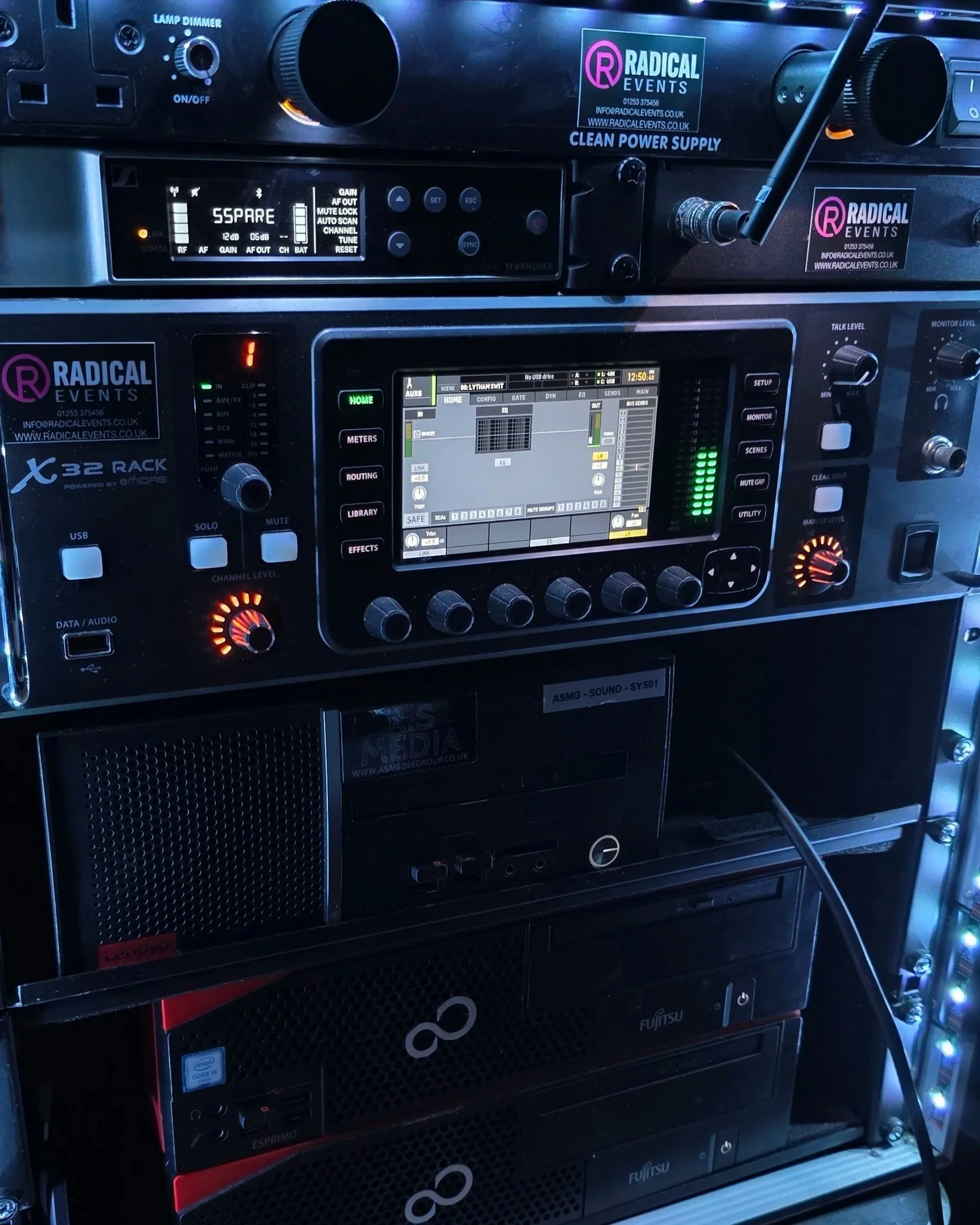 Custom control rack to provide audio lighting and video in one rack for easy setup