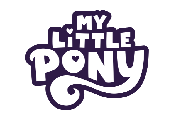 Stylized logo with the text "My Little Pony" in purple and white, featuring a small heart above the "L" in "Little."