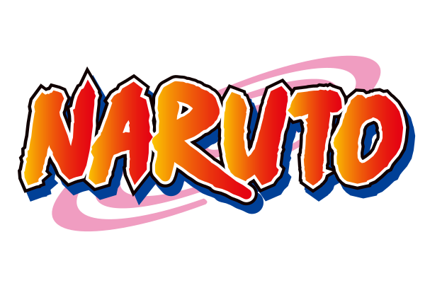Colorful logo of Naruto with a pink and black swirl background