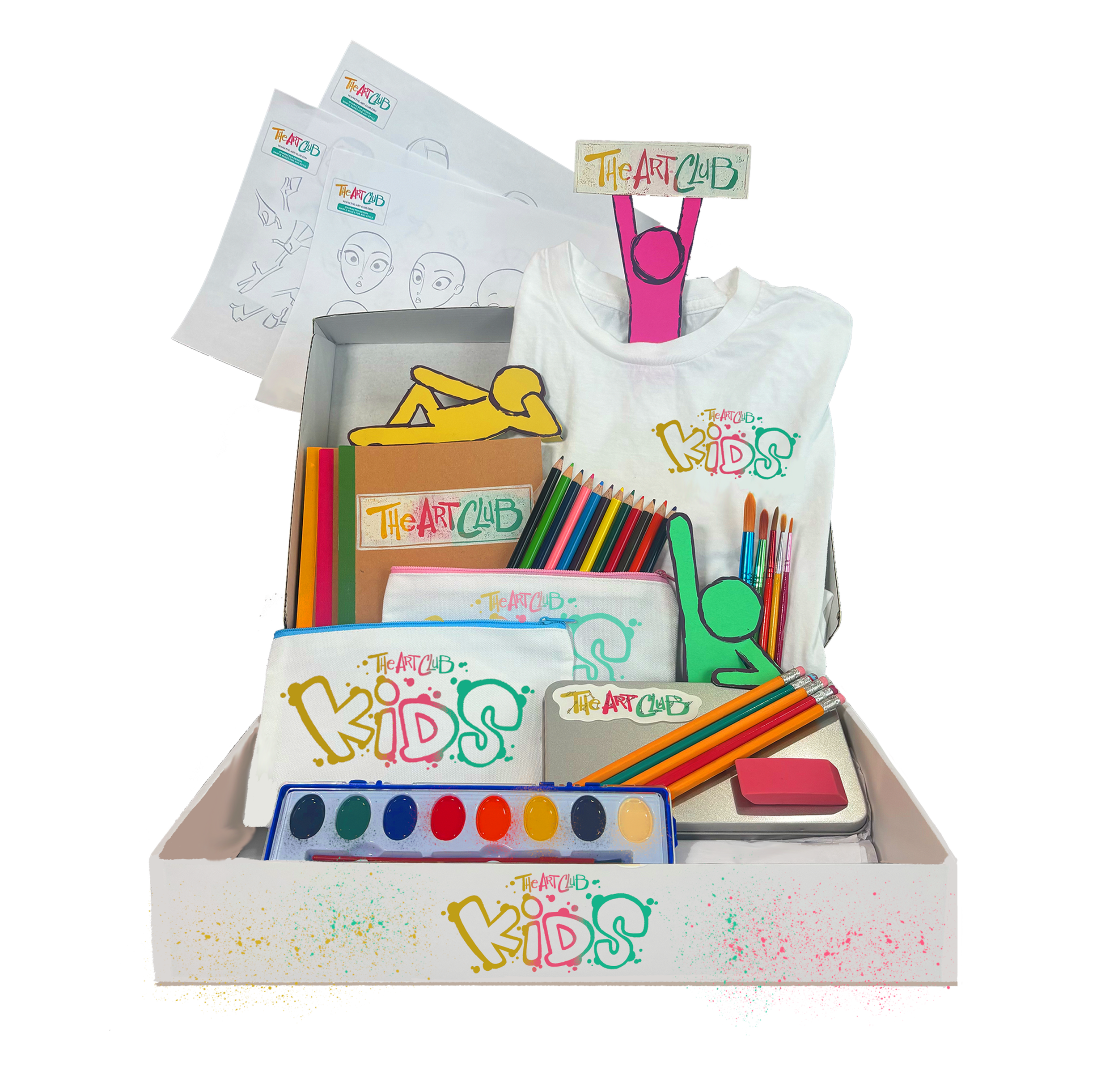 The Art Club Kids art box with drawing and painting supplies, curriculum materials, and creative tools for young artists.