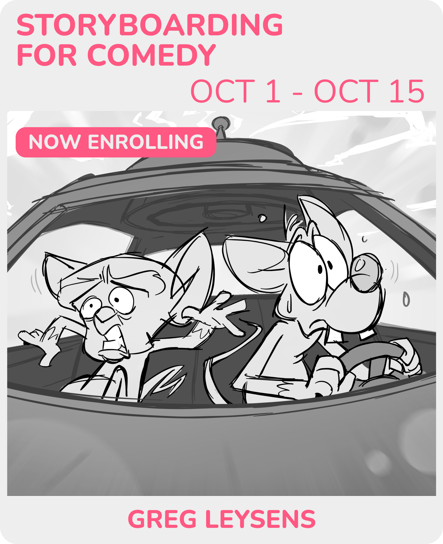 Black and white cartoon illustration of pig-like characters riding in a car with cartoon characters in the front seat and a character with sunglasses driving. The background shows a cloudy sky.