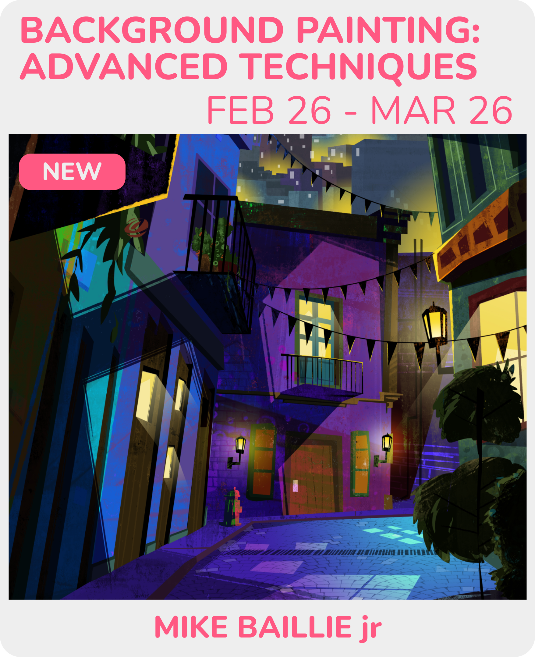Digital artwork of a colorful city alleyway at night with lit windows, street lamps, and festive bunting overhead