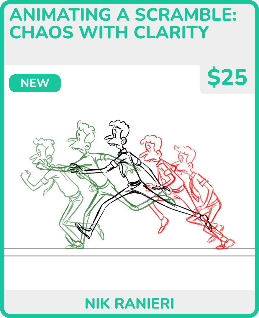 Cover of a book titled "Animating a Scramble: Chaos with Clarity" showing a series of animated sketches of a character running, with the sketches overlapping and in different colors, indicating motion.