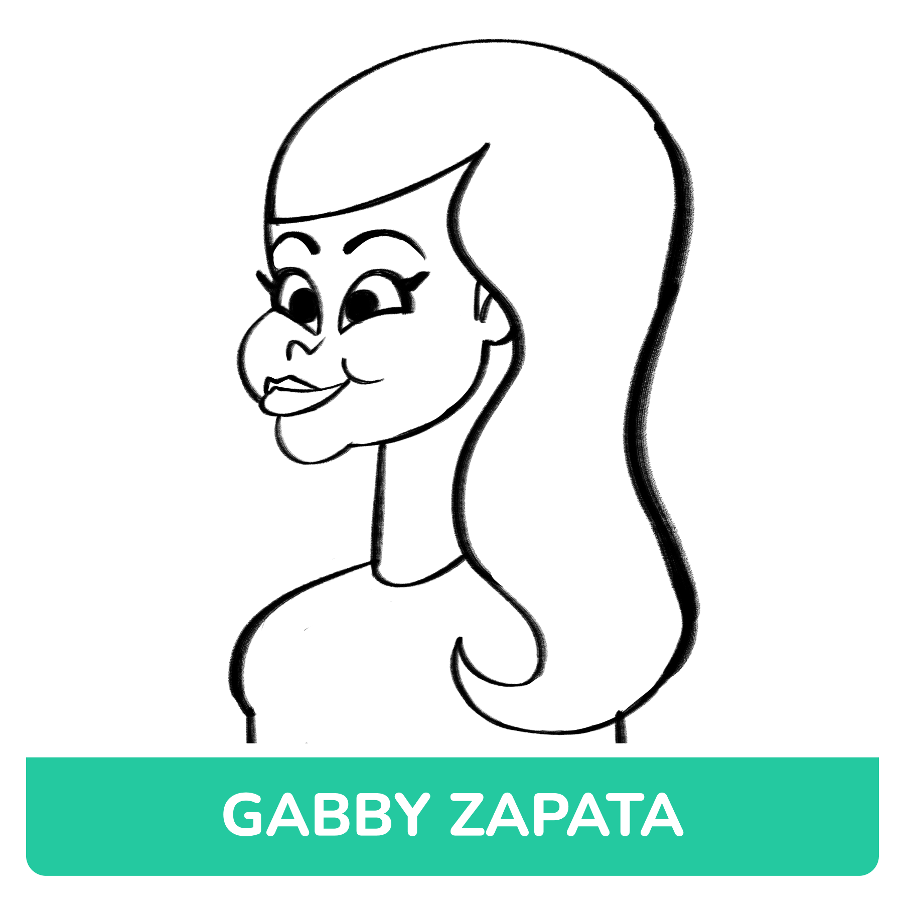 Line drawing of a smiling woman with long hair, with a label that reads "GABBY ZAPATA" in bold white letters on a teal background.