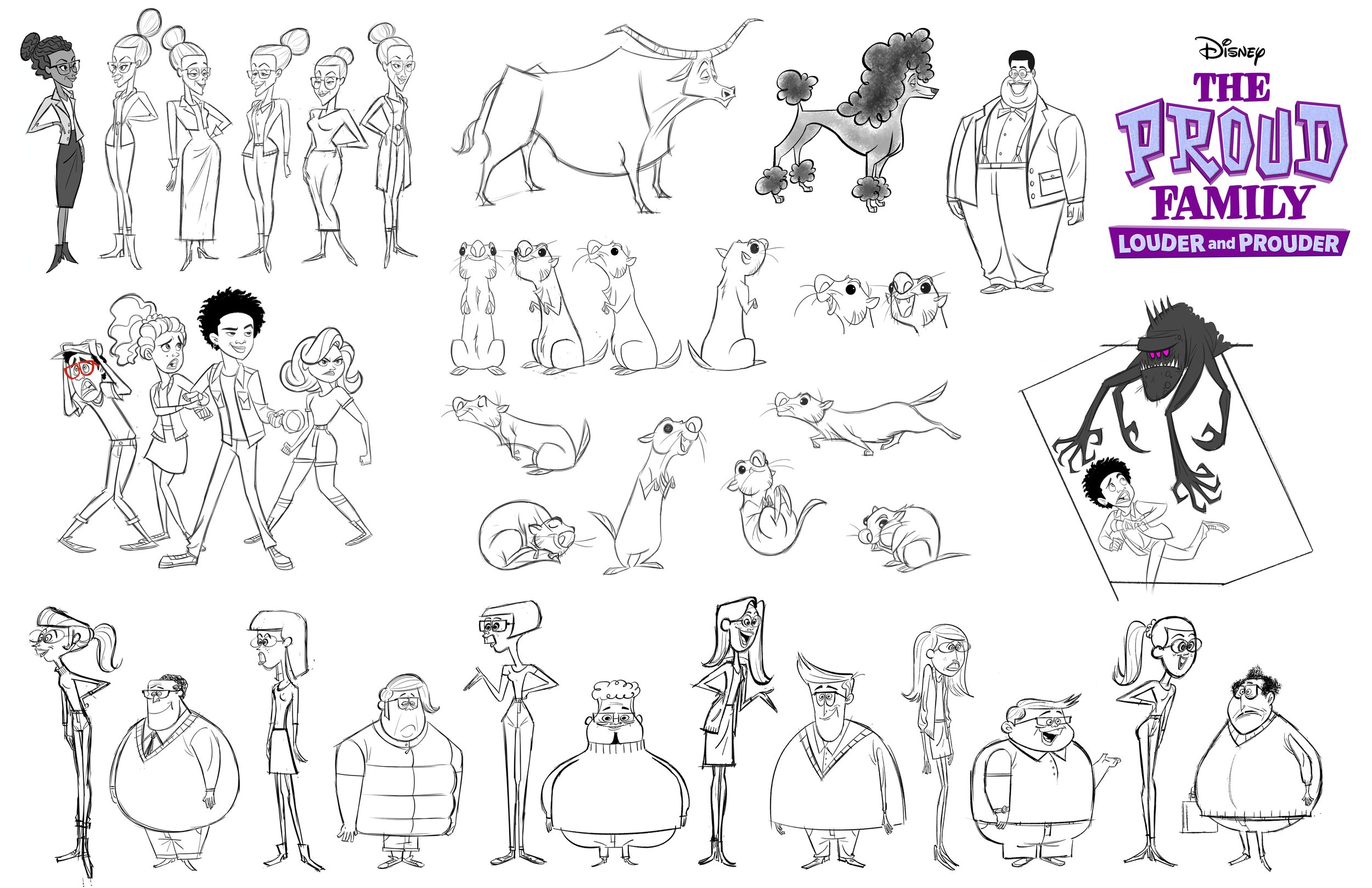 Character concept sketches and rough designs of characters from Disney's 'The Proud Family,' including family members, animals, and a monster, with a mix of black-and-white and colored illustrations.