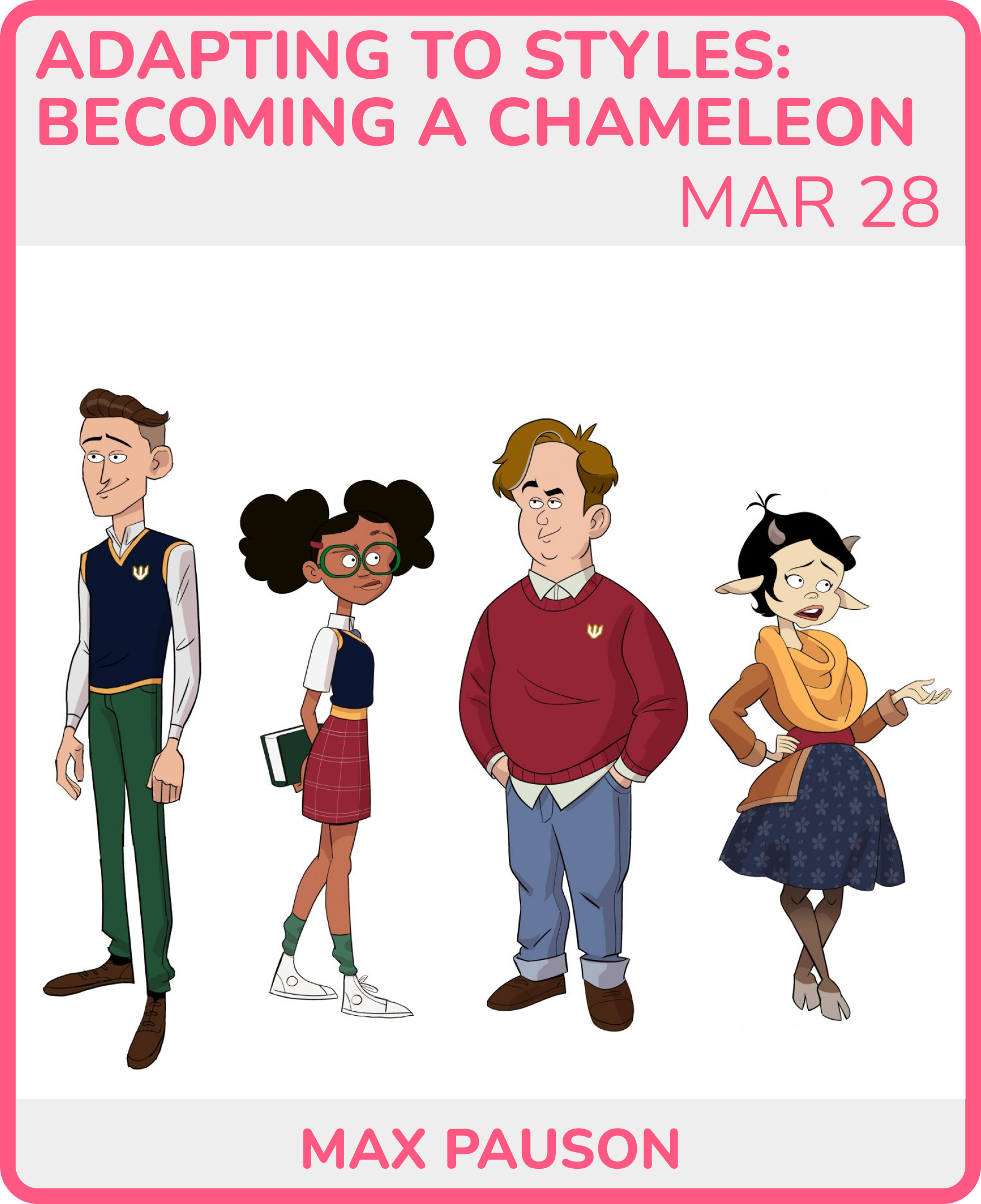 Book cover titled "Adapting to Styles: Becoming a Chameleon" by Max Pauson, featuring four animated characters standing side by side.